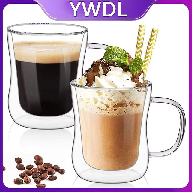YWDL Doppelwandige Glas-Espressotassen Set, transparente Kaffeetassen mit Henkel für heiße und kalte Getränke - Bild 1