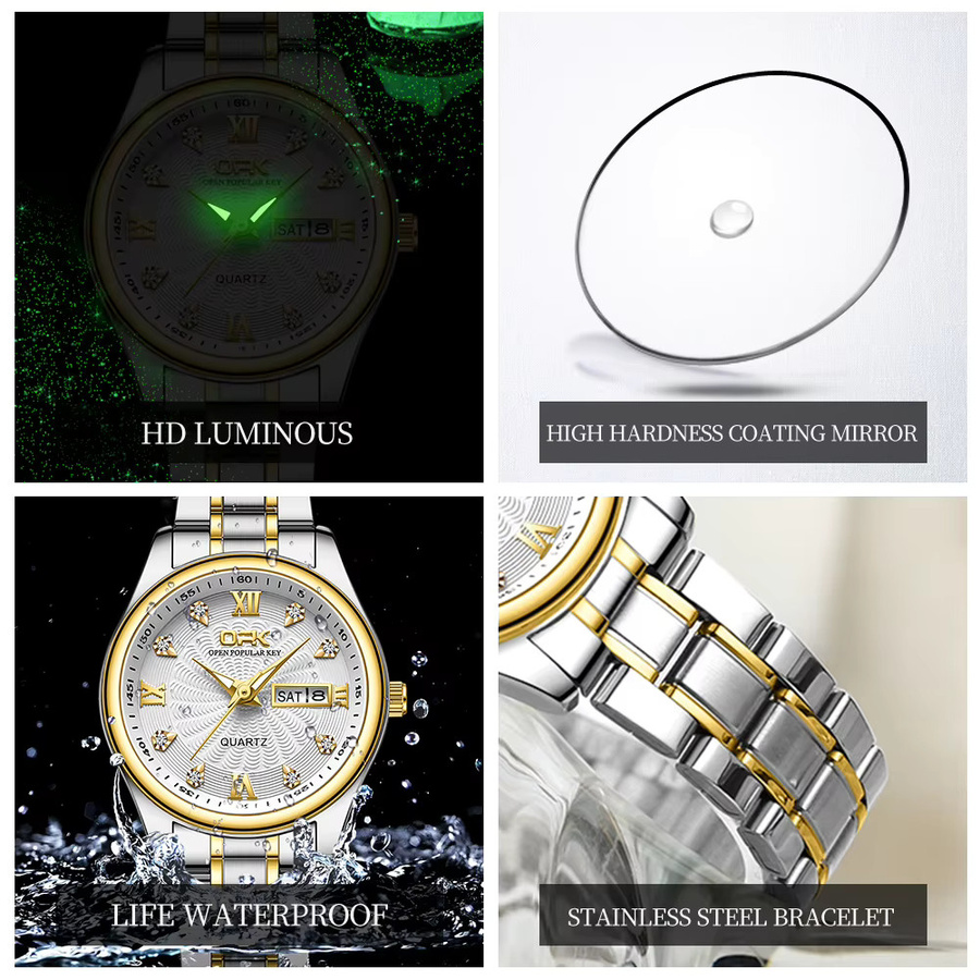 Opk Armbanduhr Edelstahl, Quarz, Datum, Leuchtzeiger, Damen - Bild 3