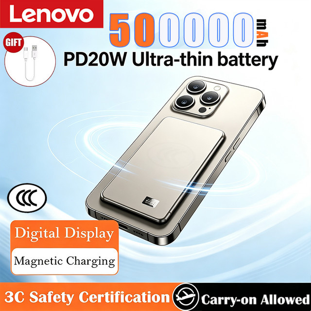 Lenovo Magnetische Powerbank 500000mAh Ultraflach mit PD 22.5W Kabelloses Schnellladegerät für MagSafe iPhone und Android in Schwarz - Bild 1