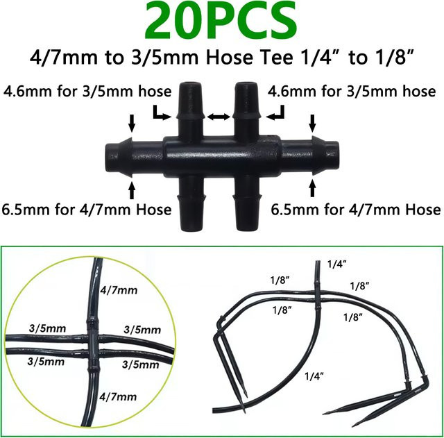 20 Stück 6-Wege-Tropfbewässerungsadapter mit Widerhakenanschluss in Schwarz für 4/7mm bis 3/5mm Schläuche zur Wasserrohr-Reparatur - Bild 1