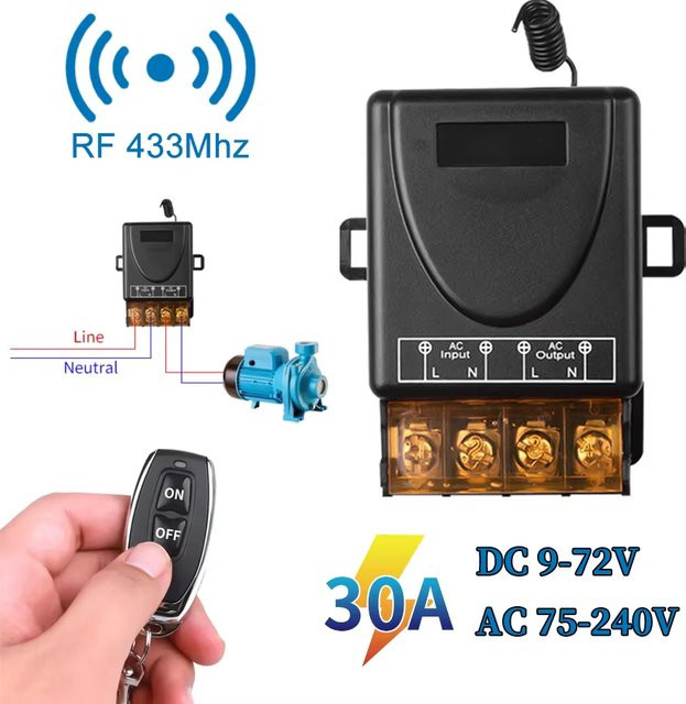 GGBEE Drahtloser RF433Mhz Fernbedienungsschalter mit Relais-Empfänger und Sender für Licht, Pumpe oder Lüfter, Schwarz - Bild 1
