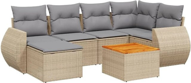 vidaXL 7-teilige Garten-Sofagarnitur in L-Form aus PE-Rattan und pulverbeschichtetem Stahl mit Kissen in Beige-Grau - Bild 1