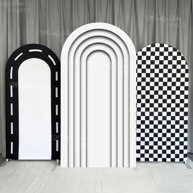 Rennwagen Party Hintergrunddekoration aus Spandex mit kariertem Rennstrecken-Design in Schwarz und Weiß für deinen Geburtstag - Bild 1