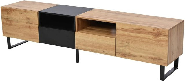 okwish TV Schrank Modern mit Stauraum in Schwarz und Natur, B/T/H: 190 x 48 x 48 cm - Bild 1