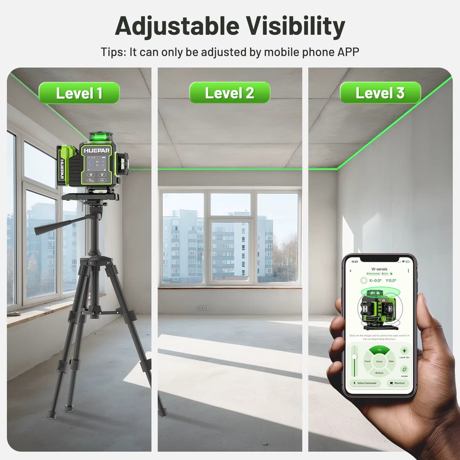 Huepar W04CG 4D-Laser-Nivelliergerät mit 16 grünen Kreuzlinien, Bluetooth, elektrisch drehbarer Basis und LCD-Bildschirm - Bild 5