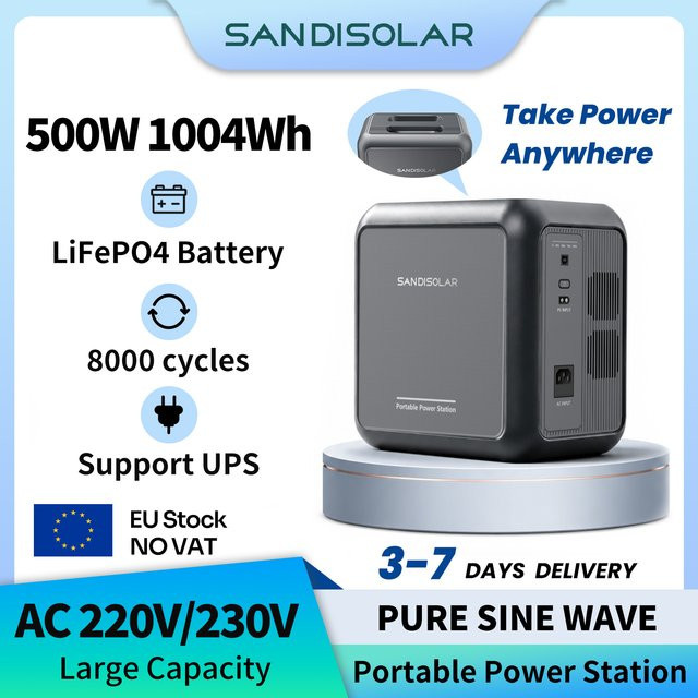 Sandisolar Tragbare Powerstation 500W mit 1004Wh LiFePO4 Batterie, Solar-Generator und 220V Ladestation in Grau - Bild 1