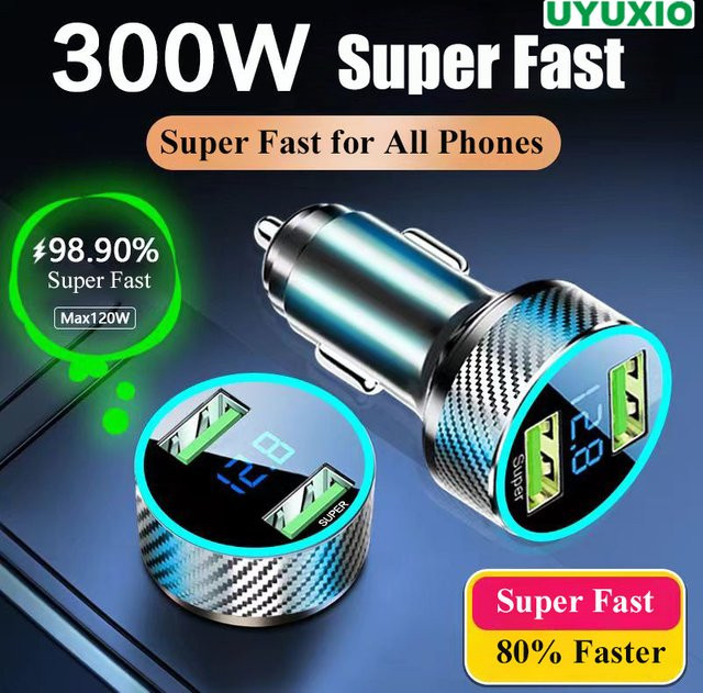 UYUXIO 2-in-1 USB-Autotelefon-Ladegerät-Adapter mit Spannungsanzeige und USB-C für iPhone 16 15 Pro Max, Samsung und OnePlus - Bild 1