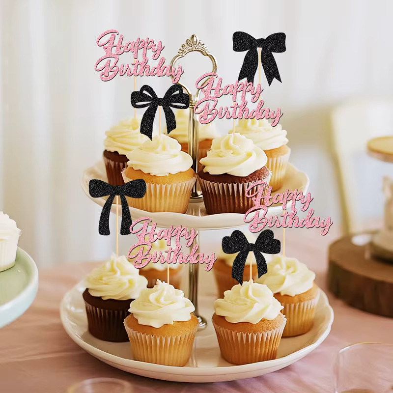 YOMDID 25 Stück Cupcake-Topper mit glitzernder Schleife für Geburtstagskuchen in Schwarz und Pink - Bild 3