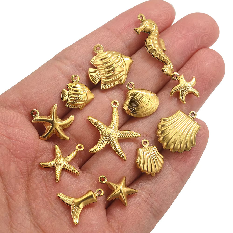 baizzx Charms Anhänger Edelstahl, Gold, Seestern, Muschel, Fischschwanz, Hippocampus - Bild 2
