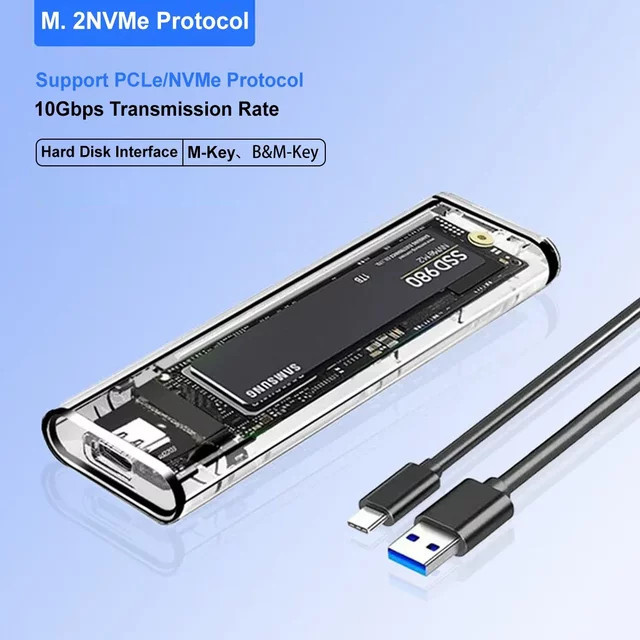 Congdi M.2 NVMe zu USB 3.0 Gehäuse mit Typ-C Anschluss, 10 Gbit/s SSD Adapter für 2230/2242/2260/2280 SSDs, Transparent - Bild 1