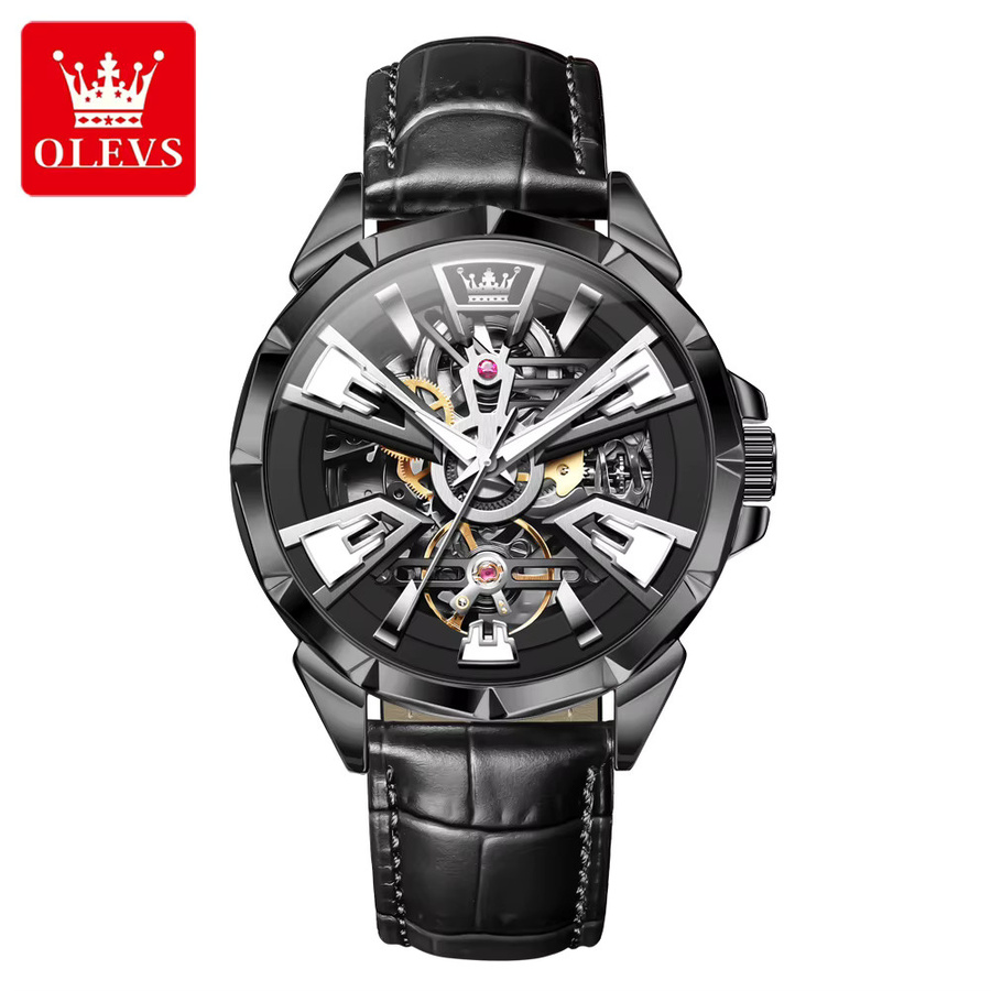 OLEVS Armbanduhr Automatik, Edelstahl, Leder, Schwarz, Herren - Bild 7