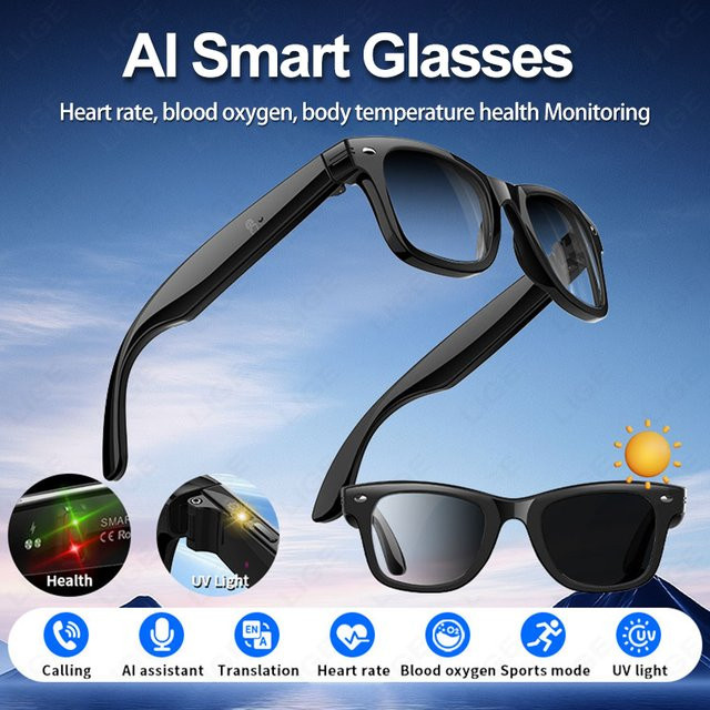 LIGE AI Smart Brille in Schwarz mit Bluetooth, Herzfrequenz-, Blutsauerstoff- und Temperaturmessung sowie Übersetzungsfunktion und Musikwiedergabe - Bild 1