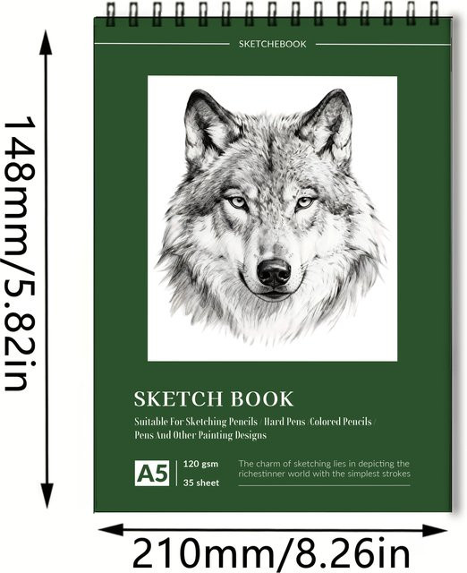 A5 Spiralgebundenes Kunst-Skizzenbuch mit Wolf-Porträt-Cover, 35 Blatt säurefreies Papier (120 g/m²) für Bleistift und Kohle - Bild 1
