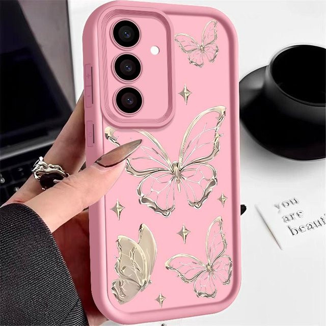 Gold Schmetterlingsdruck TPU Handyhülle für Samsung Galaxy S25 S24 S23 S22 Ultra, A56 A55 A54 A35 A25 A16 A15, Farbe: Gold/Pink - Bild 1