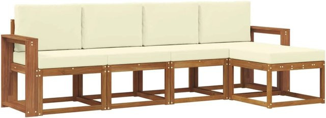 vidaXL Outdoor-Sofagarnitur aus Massivholz Akazie in L-Form mit 5 Teilen, Farbe Natur und Creme, inklusive Ottoman und Kissen für Garten und Terrasse - Bild 1