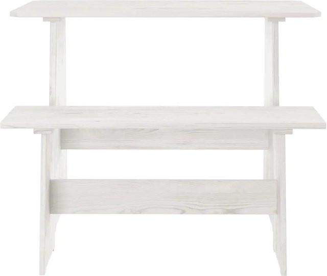 vidaXL Esstisch mit Bank aus massivem Kiefernholz in Weiß, B/T/H: 160 x 60 x 73 cm - Bild 1