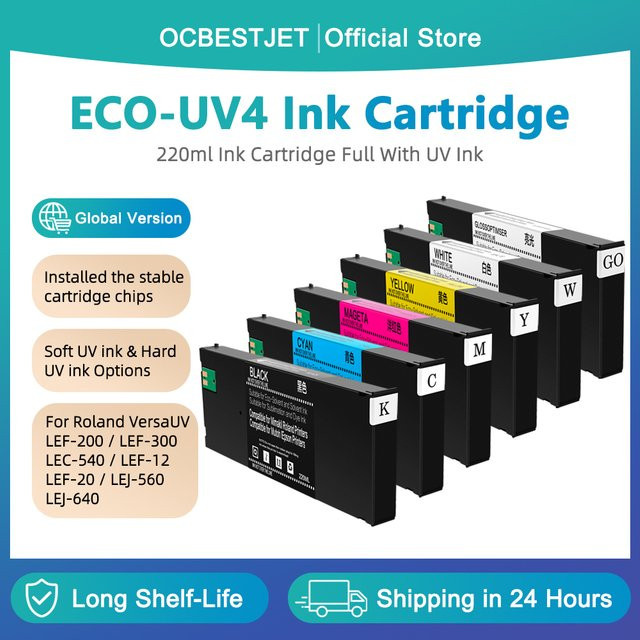 OCBESTJET Tintenpatrone für Roland ECO-UV4 kompatibel mit Roland LEF-10, LEF-12, LEF-20, LEF-200, LEF-300, 6 Farben, inklusive Chip, 220 ml - Bild 1