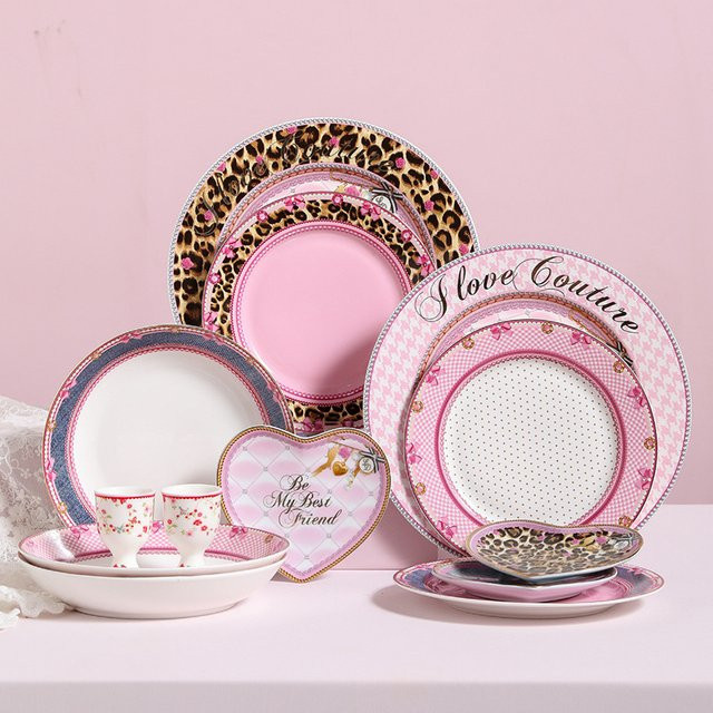 NGAI Servierteller in Herzform aus Keramik mit Leopardenmuster und Spitzen-Design in Pink - Bild 1