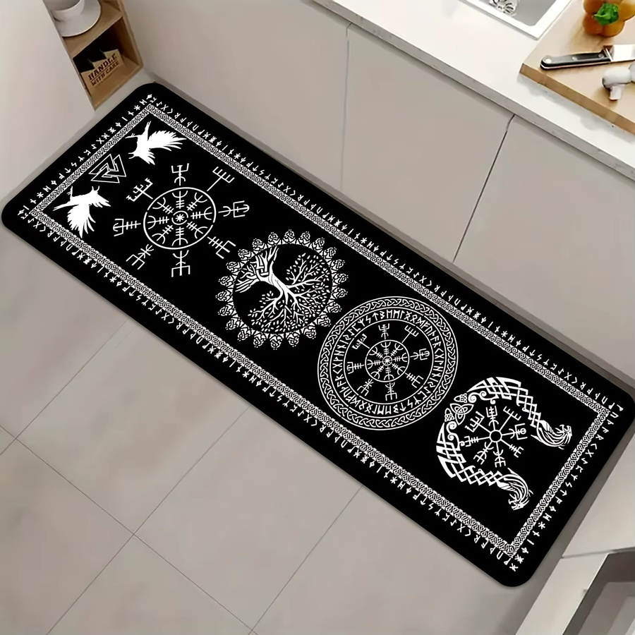 VIKAMA Flanell-Teppich mit Wikinger-Motiv Lebensbaum und Rabe in Schwarz, schmutzabweisende Matte für Wohnzimmer, Schlafzimmer, Küche und Flur, B/T: 60 x 40 cm - Bild 2