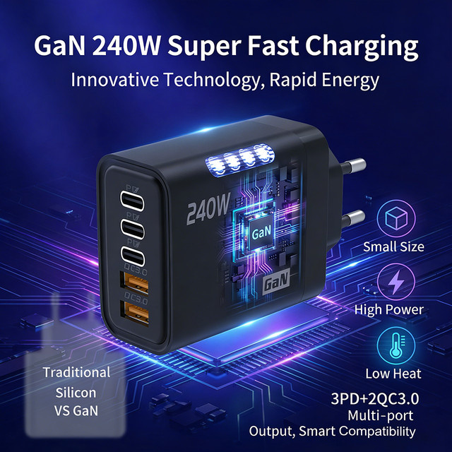 OBHO 240W GaN-Ladegerät mit Status-LED, 3 USB-C PD-Anschlüssen und 2 USB-A QC3.0 Anschlüssen - Bild 1