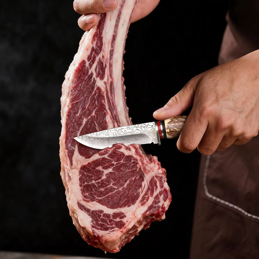 CMGF Damaskus Küchenmesser mit Holzgriff in Braun und Silber als Allzweckmesser für Fleisch, Obst und Lachs - Bild 3