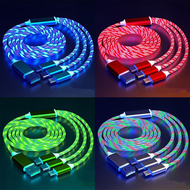 XCEOENM 3-in-1 LED Schnellladegerät USB-C Kabel mit grünem Streamer-Licht für Samsung, Xiaomi und iPhone - Bild 1