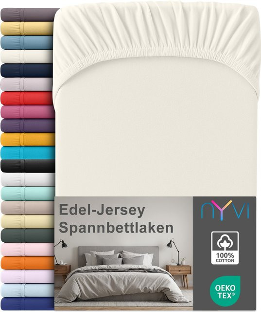 NYVI Edel Jersey Spannbettlaken Deluxe aus 100% supergekämmter Baumwolle, Farbe: Creme, B/T: 90 x 200 cm, passend für Matratzen bis 25 cm Steghöhe - Bild 1