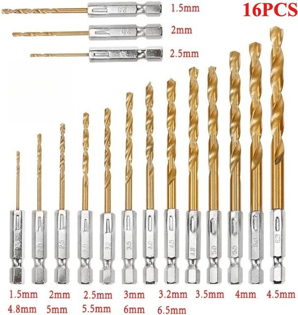 16-teiliges HSS-Spiralbohrer-Set mit Titanbeschichtung und 1/4-Zoll-Sechskantschaft in Gold, Durchmesser 1,5-6,5 mm - Bild 1
