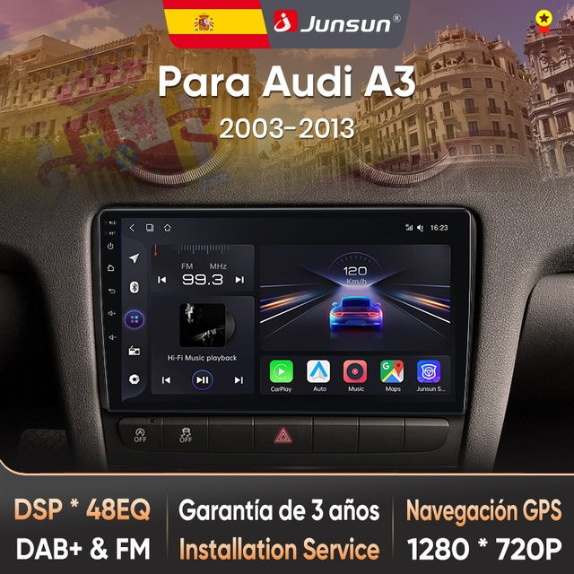 Junsun Wireless CarPlay und Android Auto Autoradio für Audi A3 2 8P (2003-2013) mit IPS Touchscreen, GPS, WiFi, 4G, Bluetooth und DAB+ in Schwarz - Bild 1