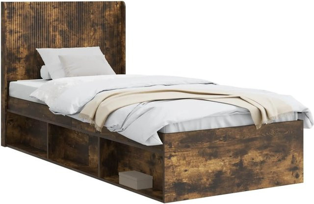 vidaXL Bettgestell mit Kopfteil und Stauraum in Geräucherte Eiche, Farbe: Braun, B/T/H: 140 x 200 x 97 cm - Bild 1