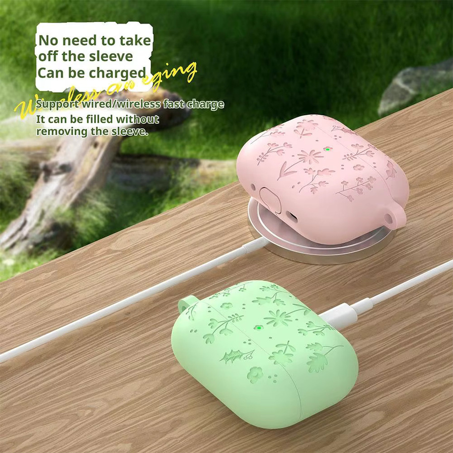 Stoßfeste Vollschutzhülle für Apple AirPods Pro 3 mit floraler Gravur und Reinigungsset in Blau inklusive Schlüsselanhänger - Bild 4