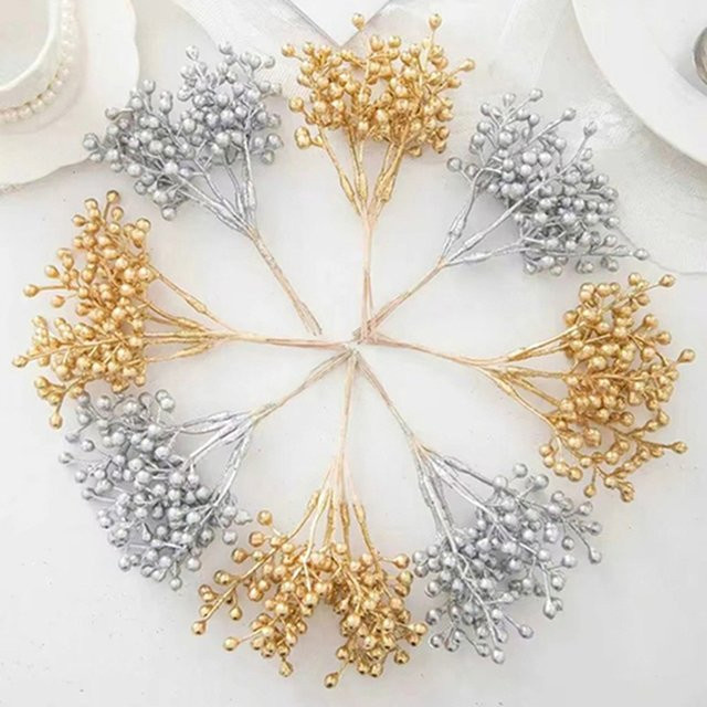 XIAOYINMO Künstliche Blumen in Gold und Silber für Weihnachtsbaum, Hochzeit und DIY-Dekorationen - Bild 1