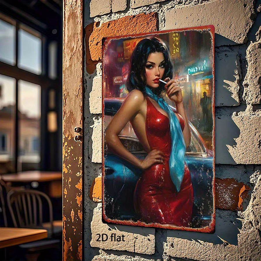 Retro Metall-Blechschild Hello Young Pin-up Girl Wandkunst Illustration in Multicolour, Rechteckig - Bild 5
