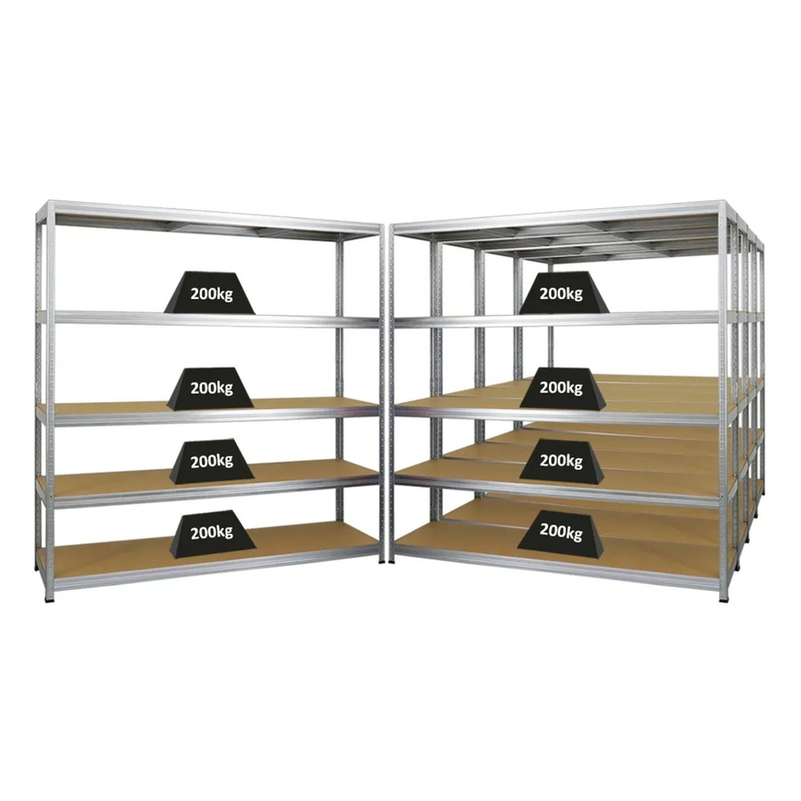 PROREGAL 5er Set Schwerlastregal Giant Elephant, Farbe Silber, H x B x T: 180 x 180 x 45 cm, Fachlast 200 kg, mit verstellbaren MDF-Holzböden - Bild 2