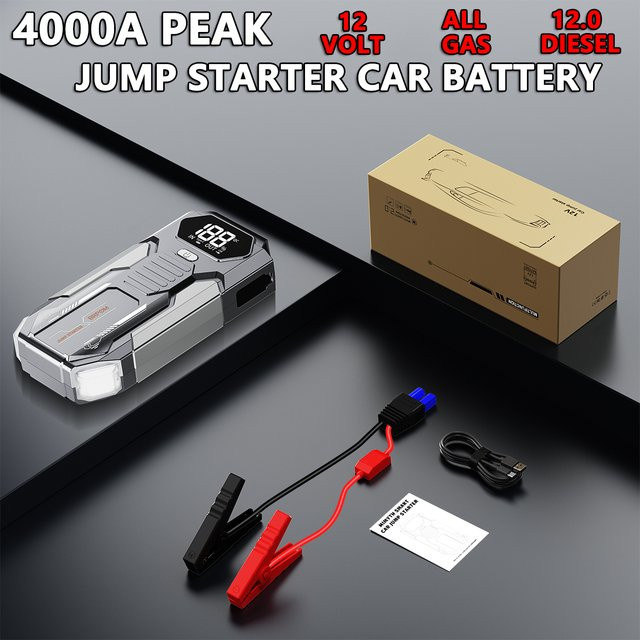 BRPOM 4000A Peak Auto-Starter mit integriertem Luftkompressor und LED-Taschenlampe, 12V Batterie-Booster mit externem Batteriepack und Reifenfüller - Bild 1