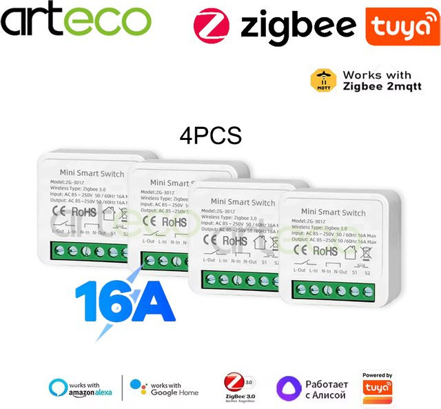 Tuya 4er Set Zigbee Smart Switch Mini DIY Breaker Modul 16A mit 2-Wege-Steuerung in Weiß, kompatibel mit Alexa und Google Home - Bild 1