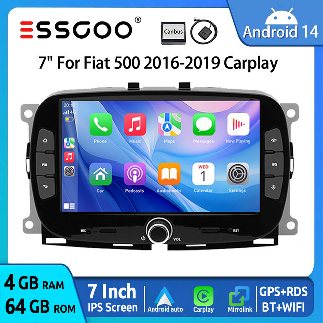 ESSGOO Android 14 Auto Stereo für FIAT 500 (2016-2019) mit 7 Zoll Display, 64GB, Wireless CarPlay, Android Auto, GPS, Bluetooth, WiFi und Rückfahrkamera-Unterstützung, Schwarz - Bild 1