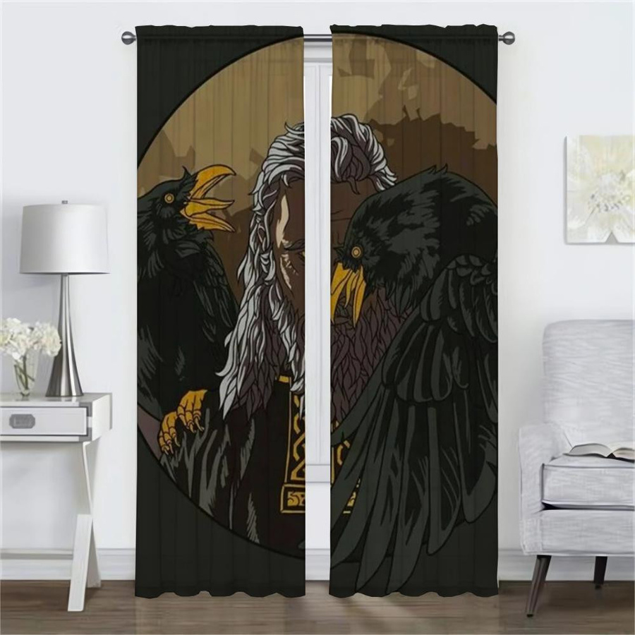 2er-Set Wikinger Zimmervorhänge mit Odins Raben Muninn, halbtransparent, B: 60 cm, H: 90 cm - Bild 1