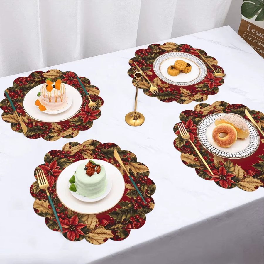 VIKAMA 4-teiliges Weihnachts-Tischset mit roter Beere und Spitze in Rot - Bild 2