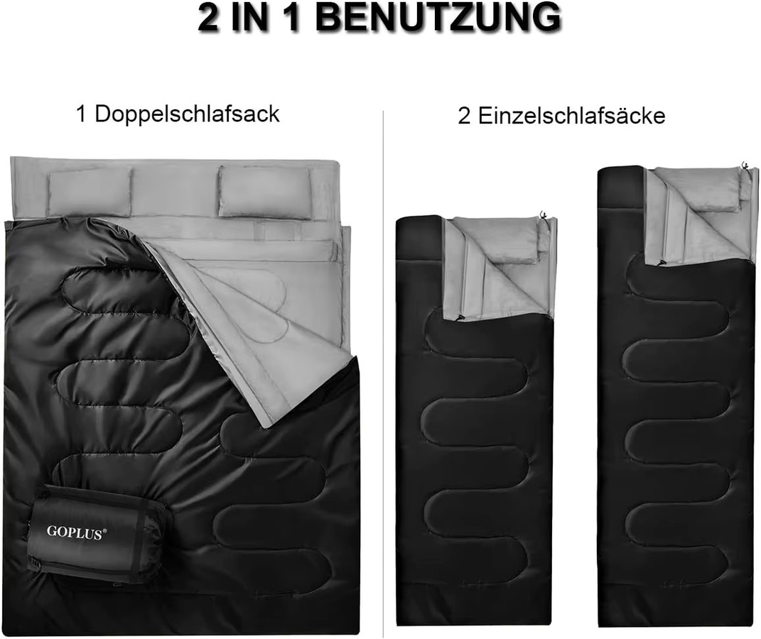 GOFLAME 2 in 1 Doppelschlafsack und Einzelschlafsack XL mit 2 Kissen für Camping und Wandern, B/H: 150 x 220 cm, Blau/Schwarz - Bild 3