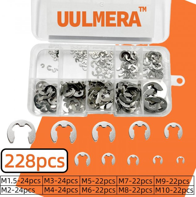 UULMERA 228-teiliges E-Ring Sortiment aus 304 Edelstahl in Silber, 10 Größen M1.5-M10, C-Clip Schnapp-Sicherungsringe für Außenliegende Verriegelung - Bild 1