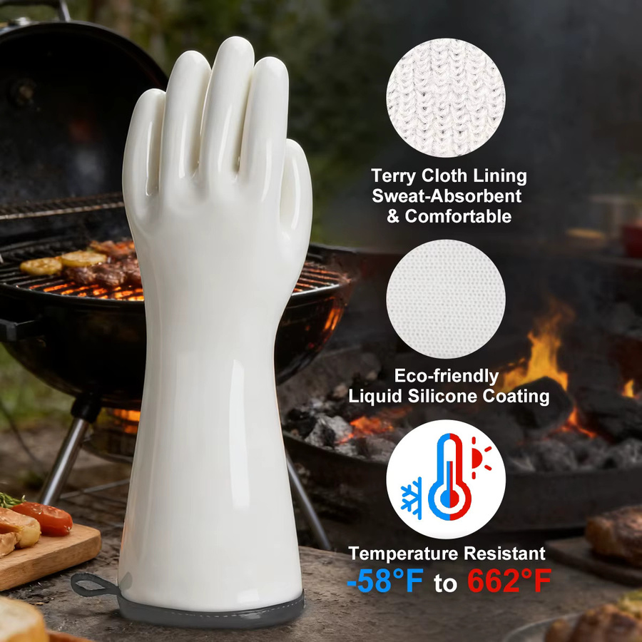 XYEHS Flüssigsilikon-Handschuhe in Weiß, lebensmittelecht, hitzebeständig und wasserdicht mit Frottee-Einsatz zum Kochen, Backen und Grillen - Bild 2