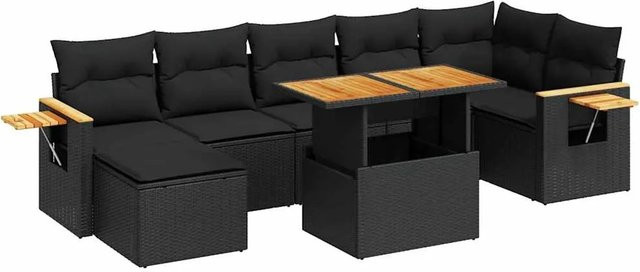 vidaXL 8-teilige Garten-Sofagarnitur in L-Form aus Poly-Rattan und Akazienholz mit Kissen in Schwarz - Bild 1
