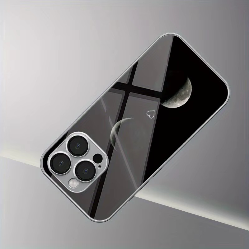 Handyhülle mit Mondliebe-Muster aus gehärtetem Glas und galvanisiertem Design für Apple iPhone 11 12 13 14 15 16 17 Pro Max Plus 16E 17 Air in Schwarz - Bild 4