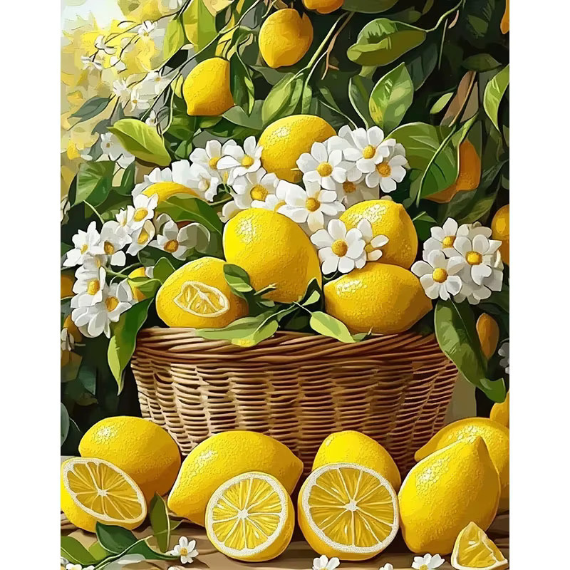 HUACAN Diamant-Mosaik Kunstwerk Zitronen-Frucht-Küchen-Landschaft in Mehrfarben, Rundes Tischdeko-Bild mit Blumen-Motiv, Durchmesser: 30 cm - Bild 4