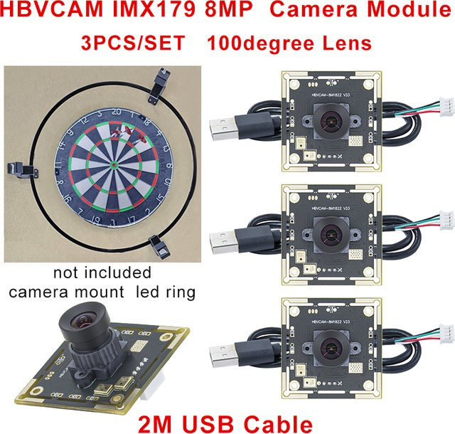 HBVCAM 8MP Kameramodul IMX179 mit 100-Grad-Blickwinkel und 2m Kabel für Autodarts-Bewertungssysteme in Schwarz, 1920x1080 Auflösung, 30fps - Bild 1