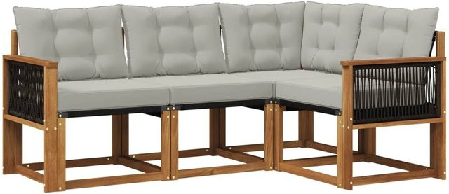 vidaXL Outdoor-Sofagarnitur L-Form aus Akazienholz mit Textilene und Kissen in Beige und Grau - Bild 1