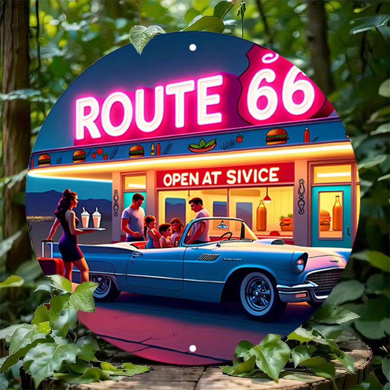 Route 66 Vintage Neonschild von Potdemiel – Runde Wandkunst aus Aluminium mit klassischer Auto- und Dinner-Szene im Retro-Design - Bild 3