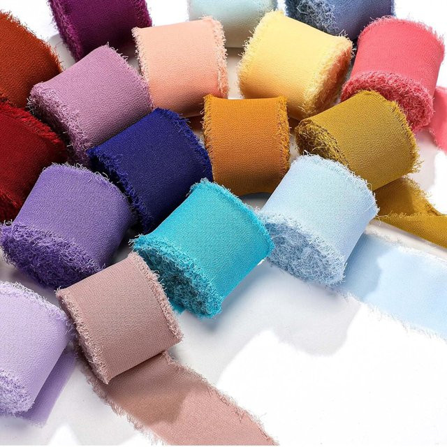 WIKIJIM Satin Chiffon Seidenband mit ausgefransten Kanten für Hochzeitseinladungen und Dekorationen, Breite: 4 cm, Länge: 5 m - Bild 1