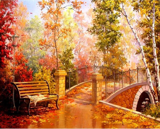 FIYO 5D DIY Diamantmalerei Herbstbäume und Brücke in Beige, Mosaikmalerei Kreuzstich Set, Breite: 30 cm, Höhe: 20 cm - Bild 1